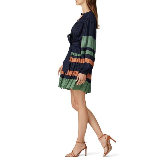 Ulla Johnson Alia Navy Blue Mini Dress Green Orange Stripe Long Sleeve Sz‎ 0 - Picture 2 of 13
